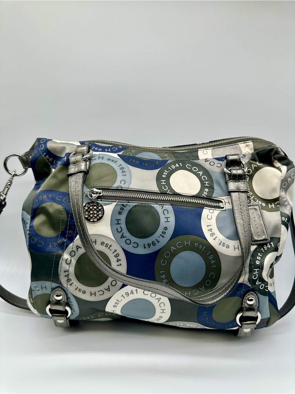 Coach Circle-Print Shoulder Satchel in Blue, Olive & Silver